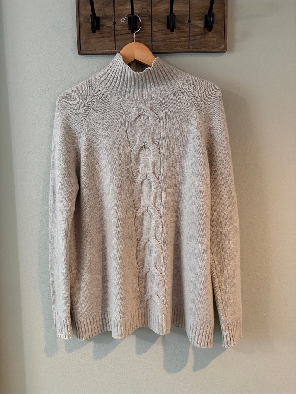 Garnet Hill Cable Detail Cashmere Mock Neck Sweater Tunic - Light Gray M - Picture 2 of 6